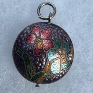 Vintage Cloisonné Floral Pendant with Purple and Green Accents